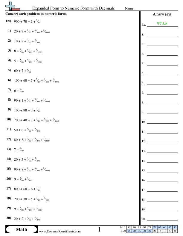 Expanded to Numeric with Decimals Worksheet - Expanded to Numeric with Decimals worksheet